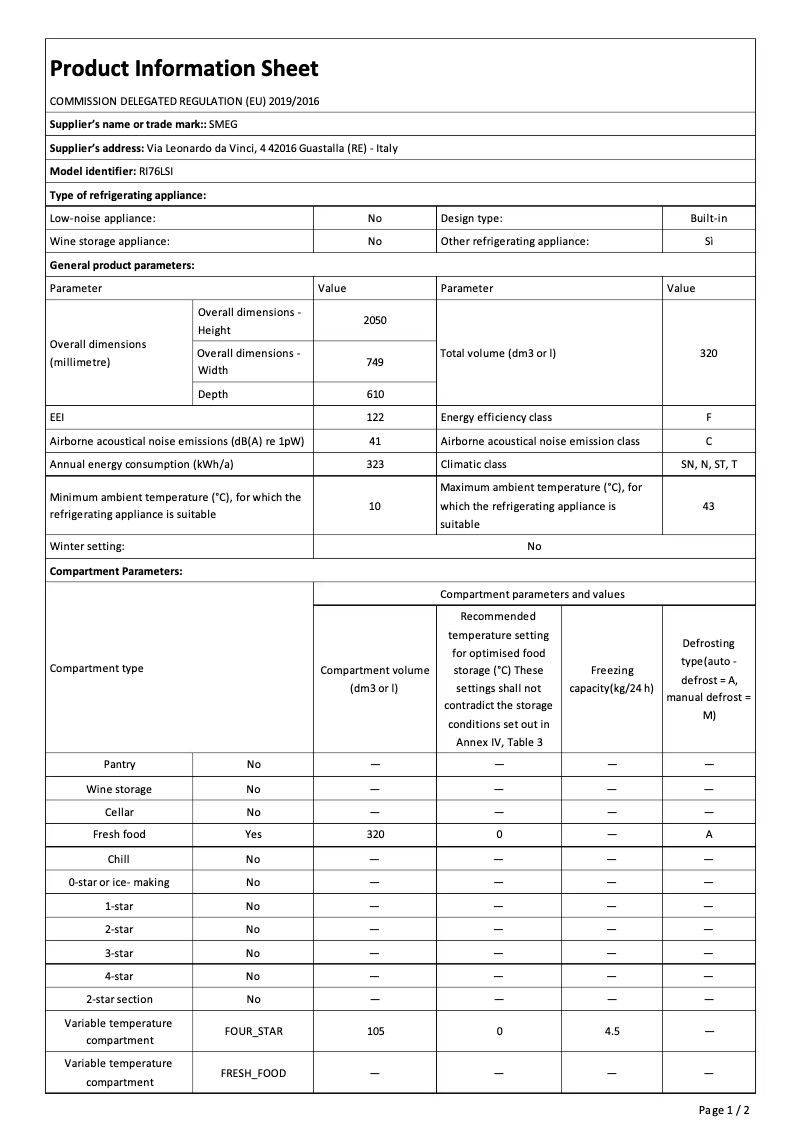 Page 1 de la notice Brochure Smeg RI76LSI