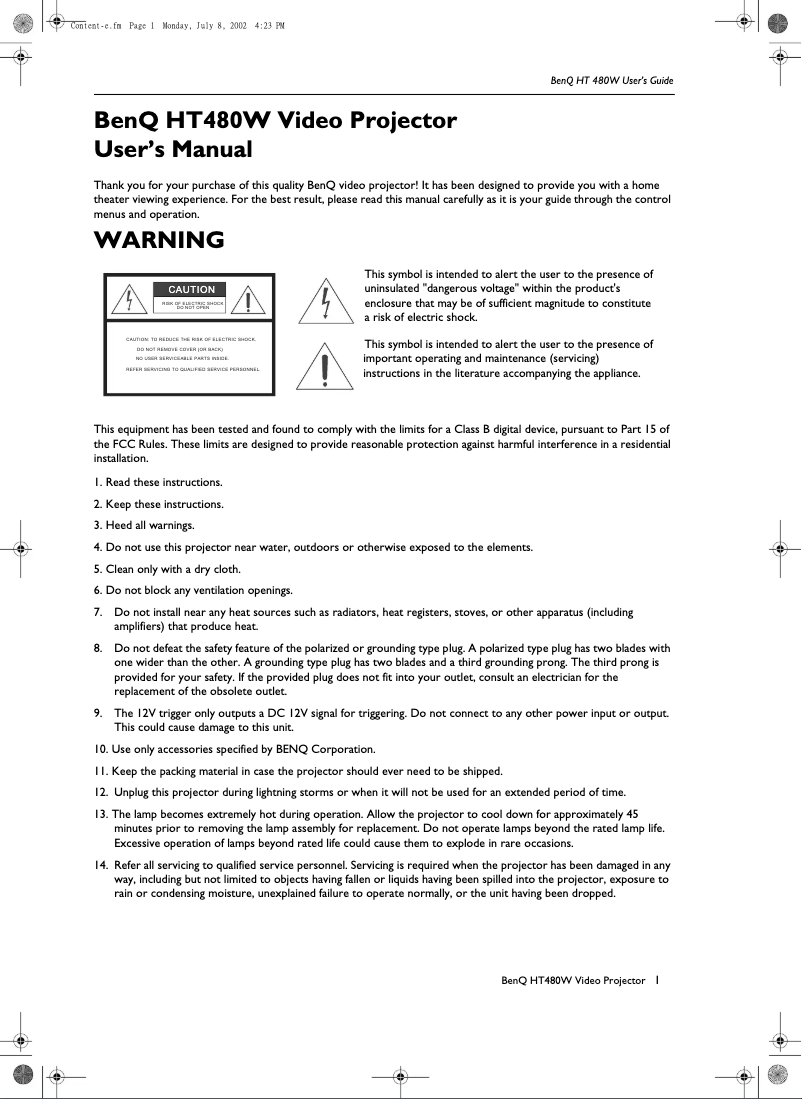 Page 1 de la notice Manuel utilisateur BenQ HT480W