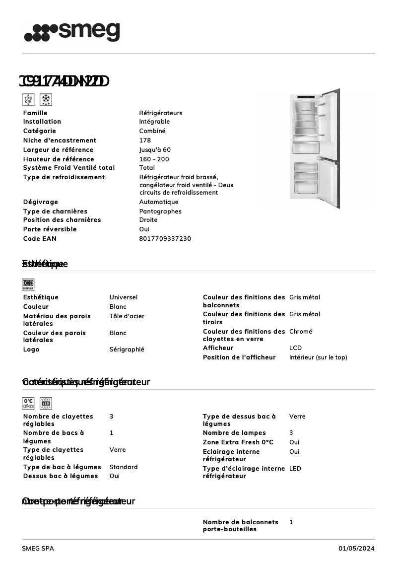 Page 1 de la notice Fiche technique Smeg C9174DN2D