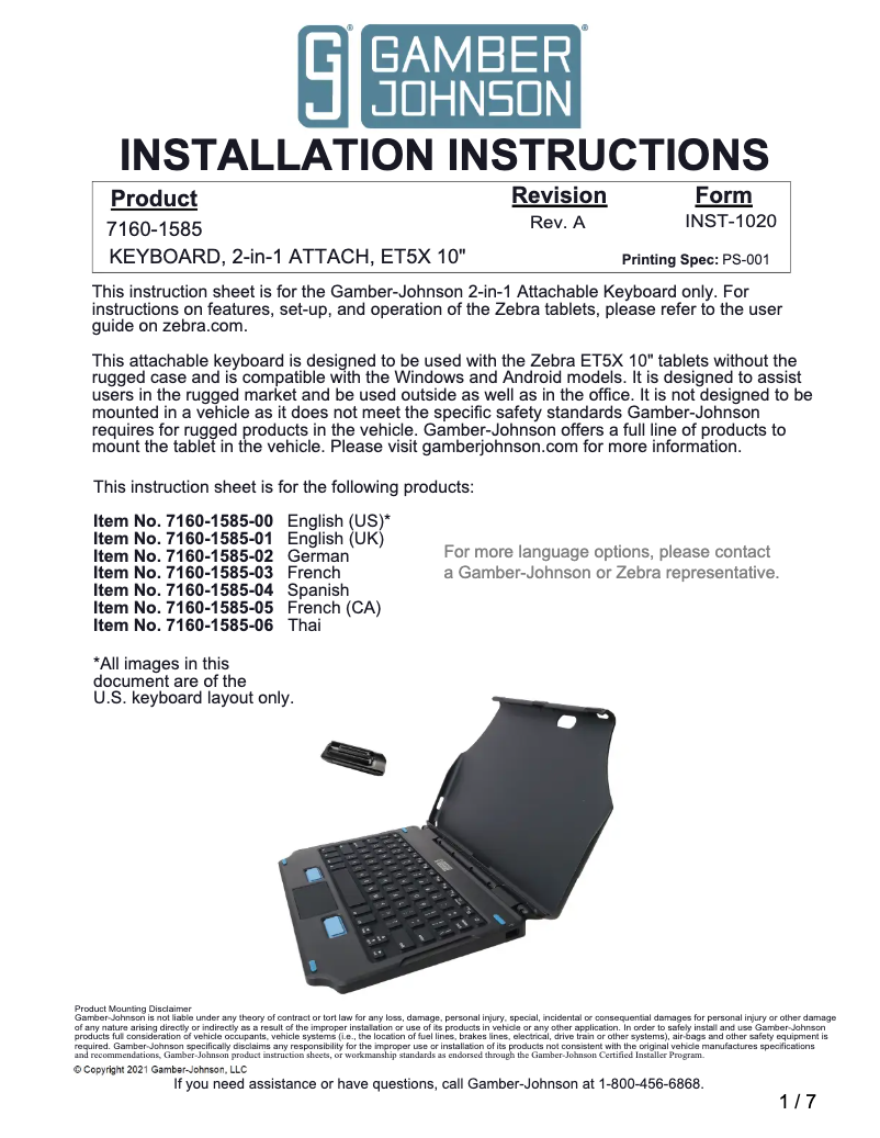 Page 1 de la notice Manuel utilisateur Gamber-Johnson 7160-1585-03