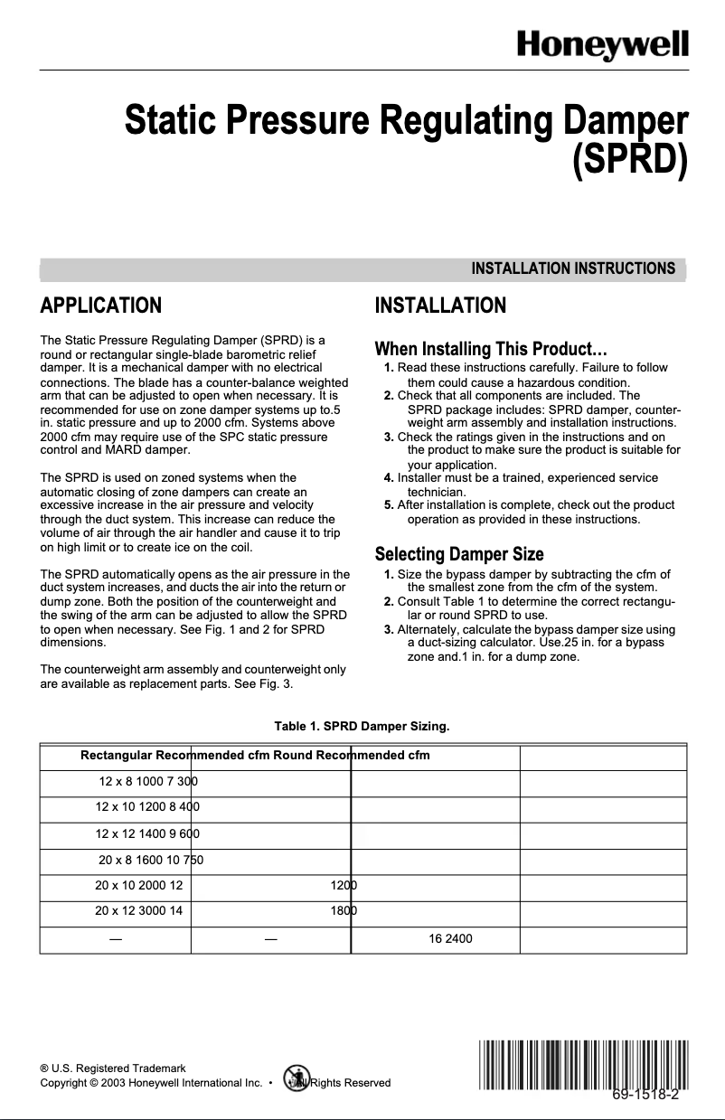 Page 1 de la notice Manuel utilisateur Honeywell SPRD10