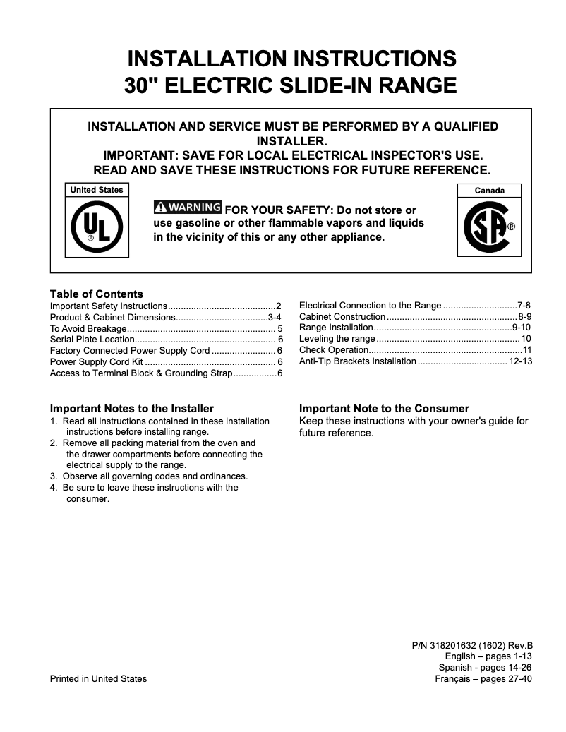 Page n°1 - Guide d'installation Frigidaire FFES3015PW