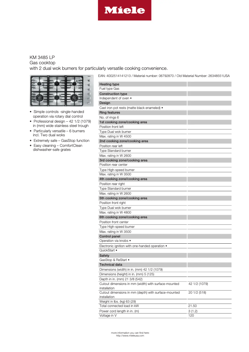 Page 1 de la notice Fiche technique Miele KM 3485 LP