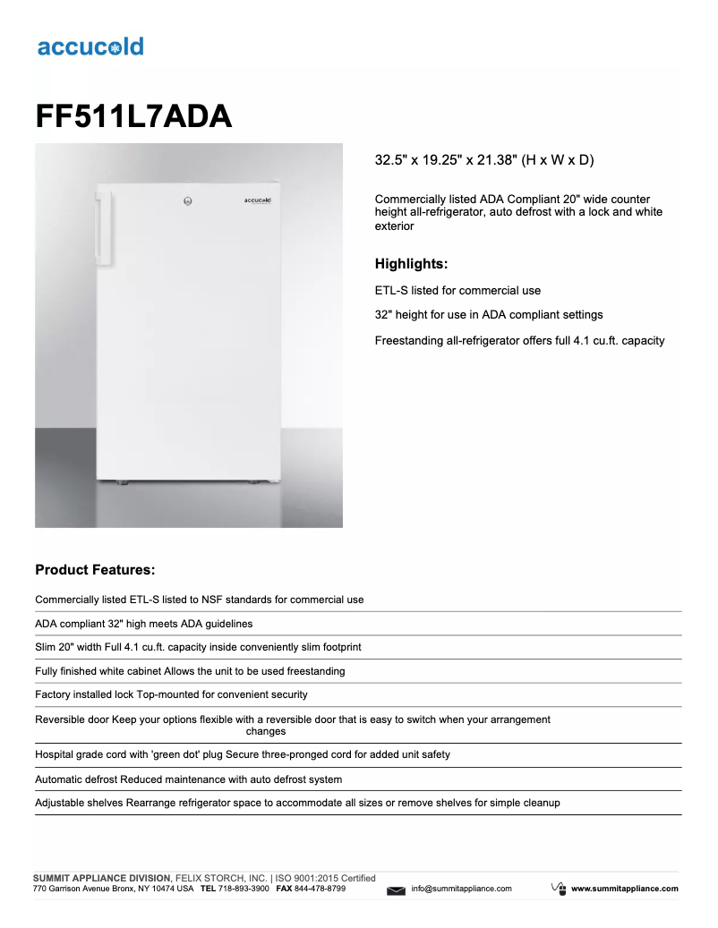 Page 1 de la notice Fiche technique Summit Accucold FF511L7ADA