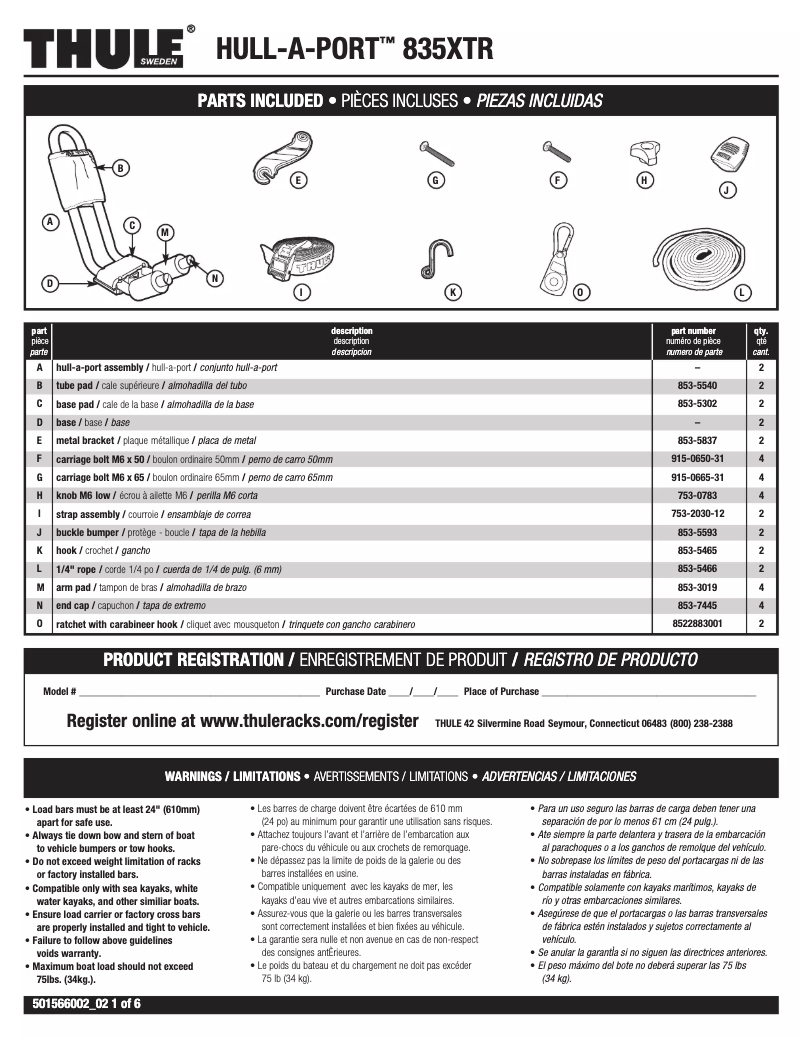 Page n°1 - Manuel utilisateur Thule Hull-a-Port 835XTR