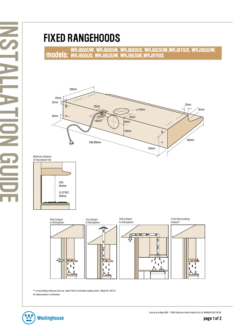 Page n°1 - Guide d'installation Westinghouse WRJ603UW