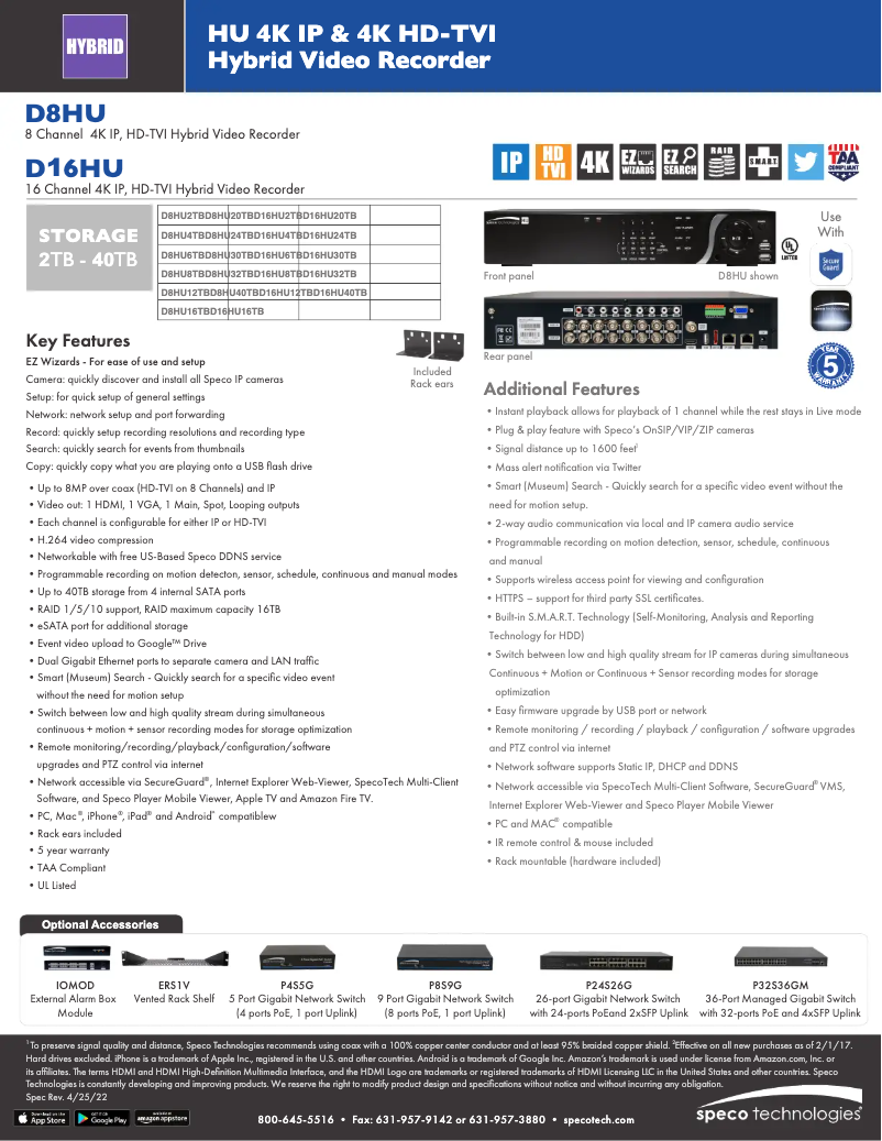 Page 1 de la notice Fiche technique Speco Technologies D16HU