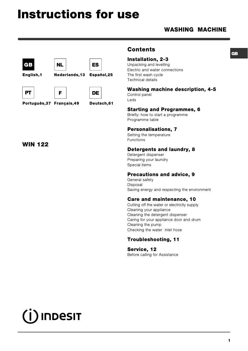 Página 1 del manual Manual de usuario Indesit WIN 122