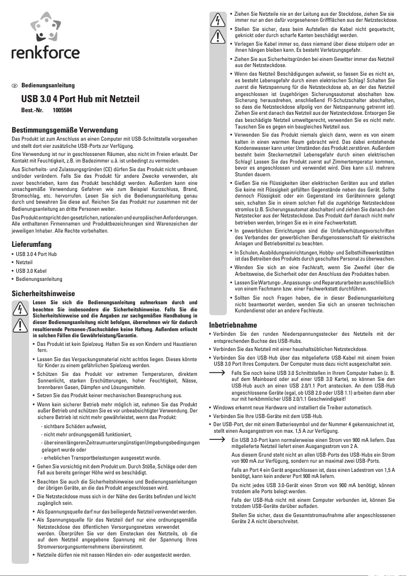 Page 1 de la notice Manuel utilisateur Renkforce RF-3016752