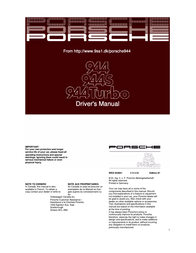 Page 1 de la notice Manuel utilisateur Porsche 944 Turbo (1987)