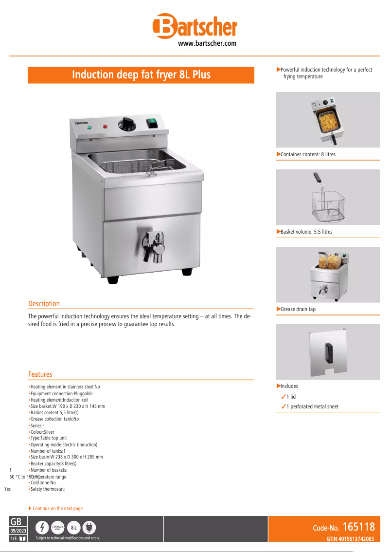 Page n°1 - Fiche technique Bartscher 165118