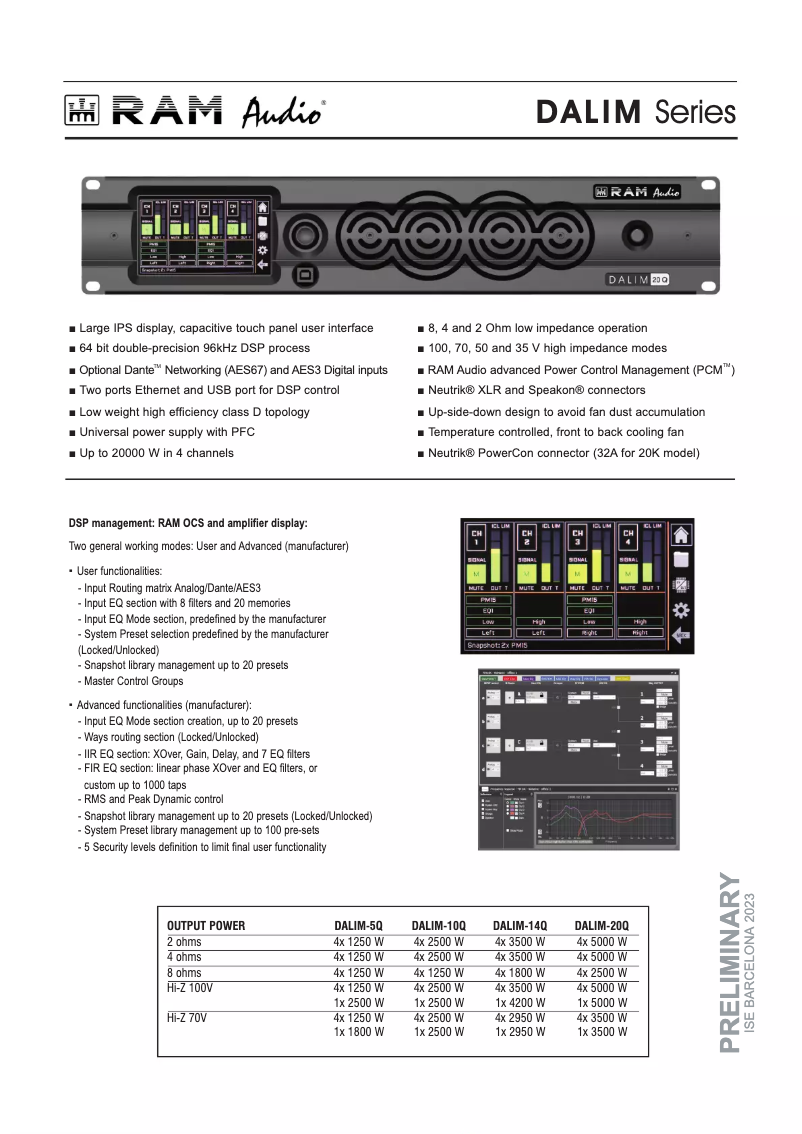 Page 1 de la notice Fiche technique Ram Audio DALIM 10Q DANTE