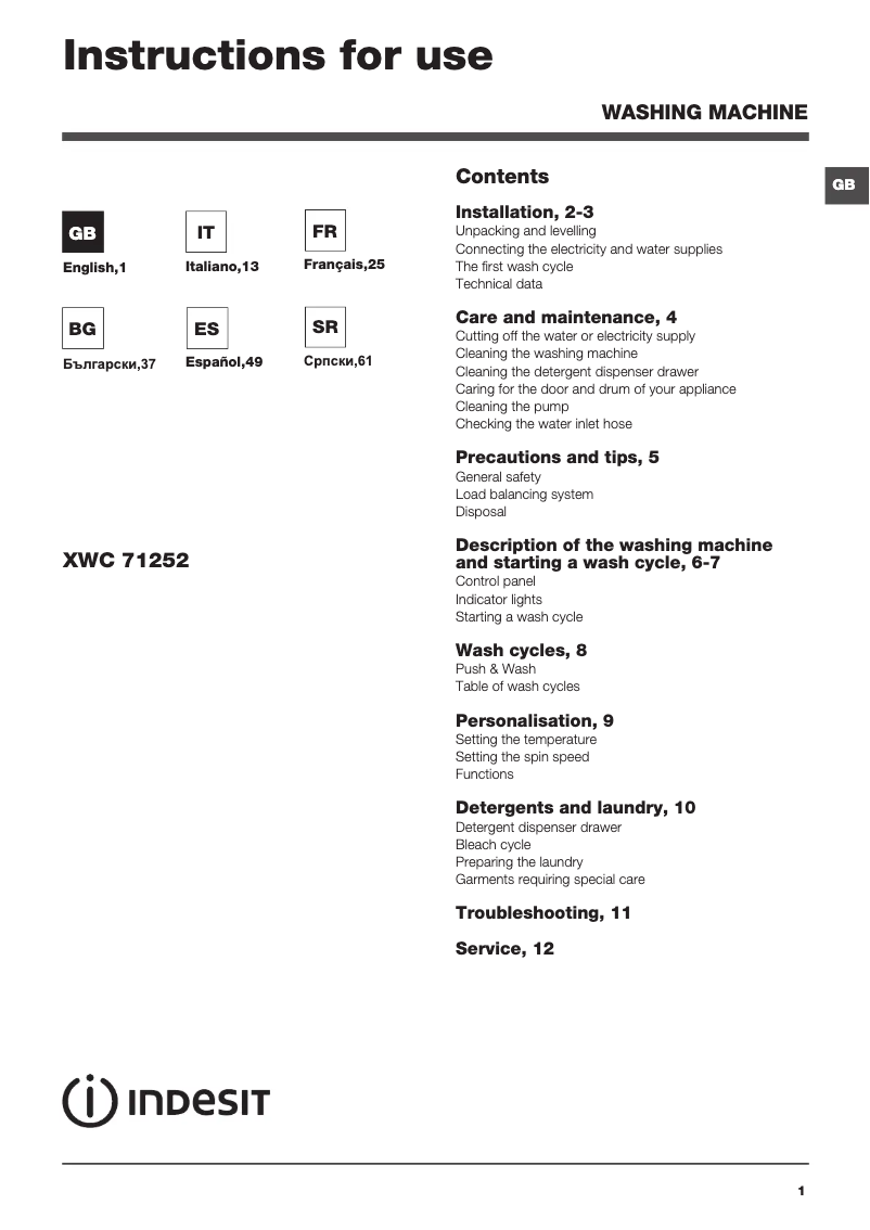 Image de la première page du manuel de l'appareil XWC 71252