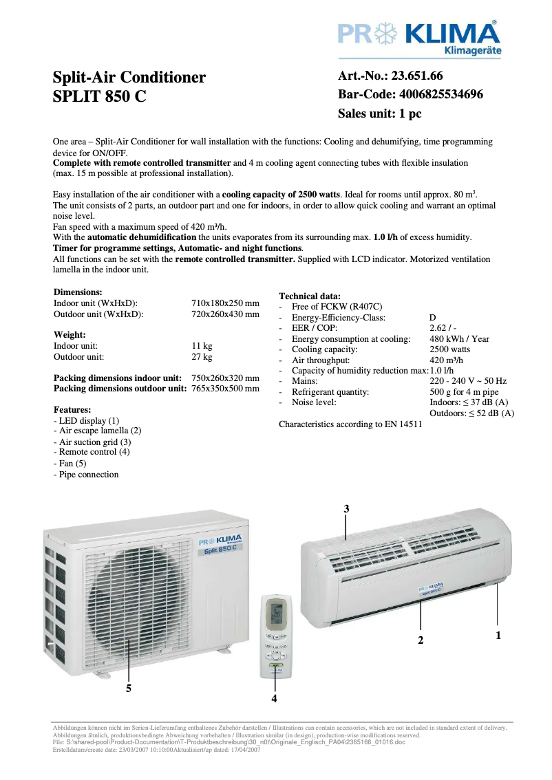 Page n°1 - Fiche technique Proklima SPLIT 850 C