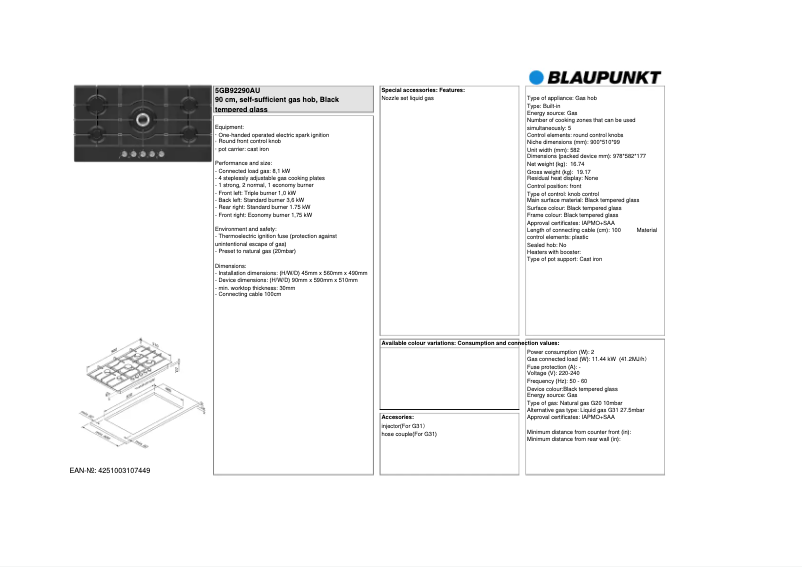 Página 1 del manual Ficha técnica Blaupunkt 5GB92290AU
