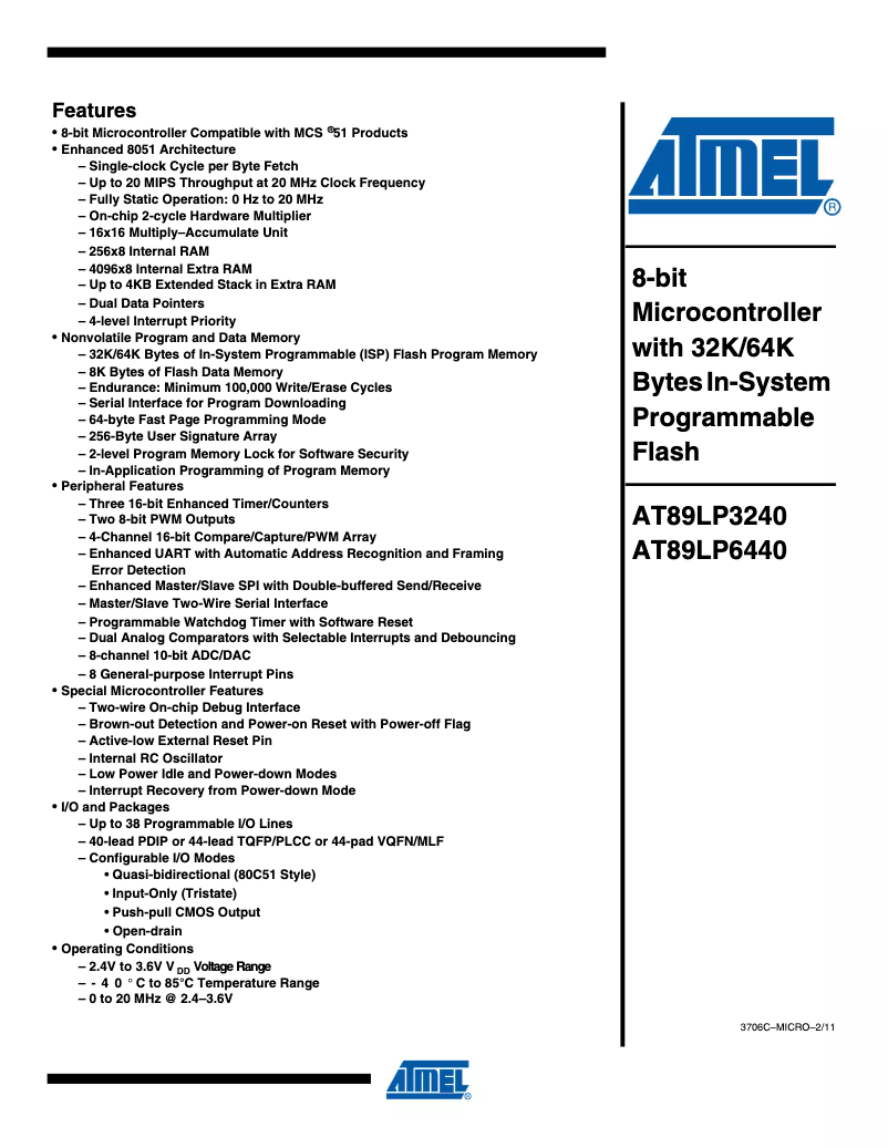 Page 1 de la notice Manuel utilisateur Microchip AT89LP6440