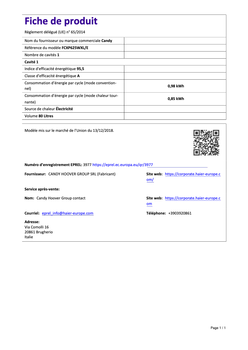 Page 1 de la notice Manuel utilisateur Candy FCXP625WXL/E