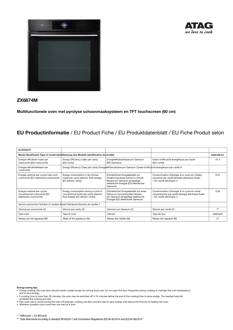 Page 1 de la notice Fiche technique Atag ZX6674M