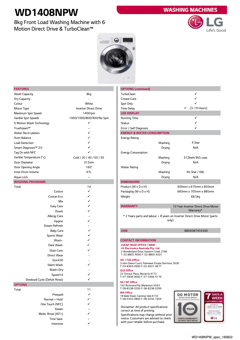 Page 1 de la notice Fiche technique LG WD1408NPW