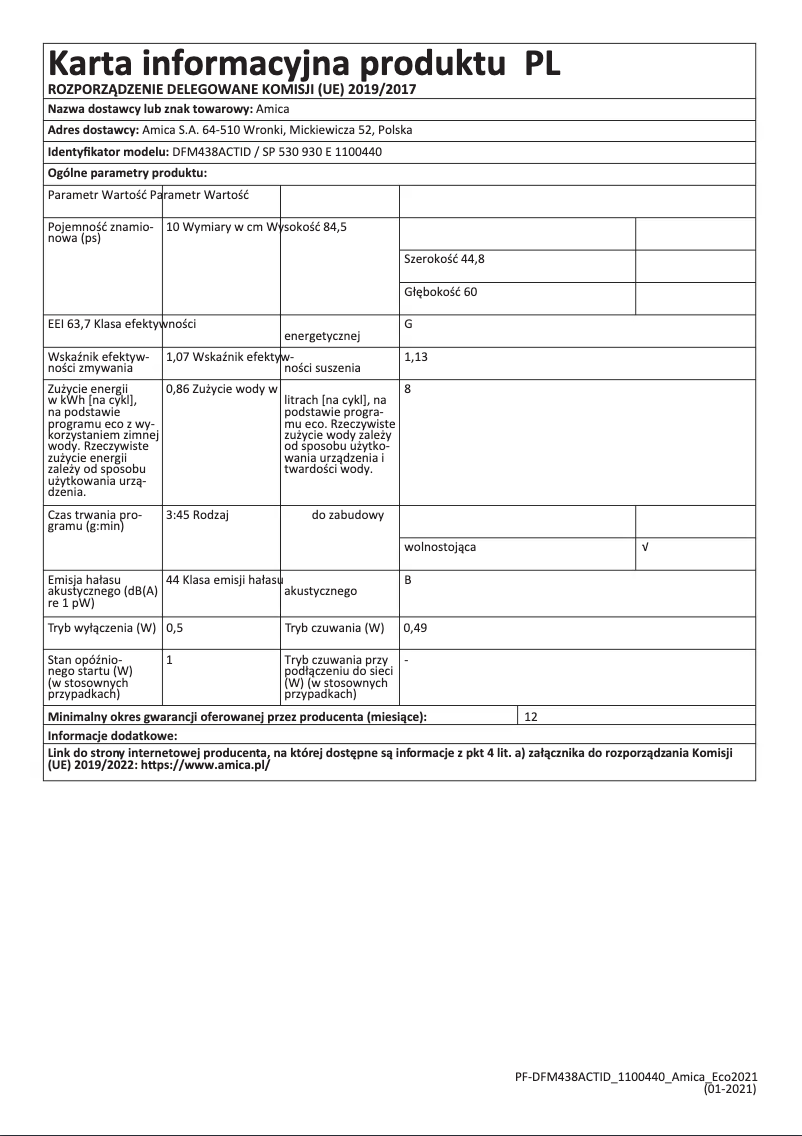 Page n°1 - Manuel utilisateur Amica DFM438ACTID