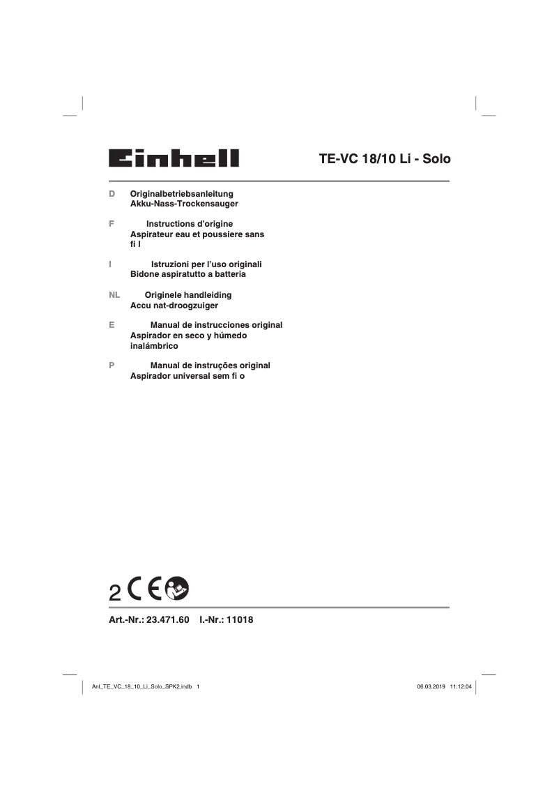 Image de la première page du manuel de l'appareil TE-VC 18/10 Li Solo