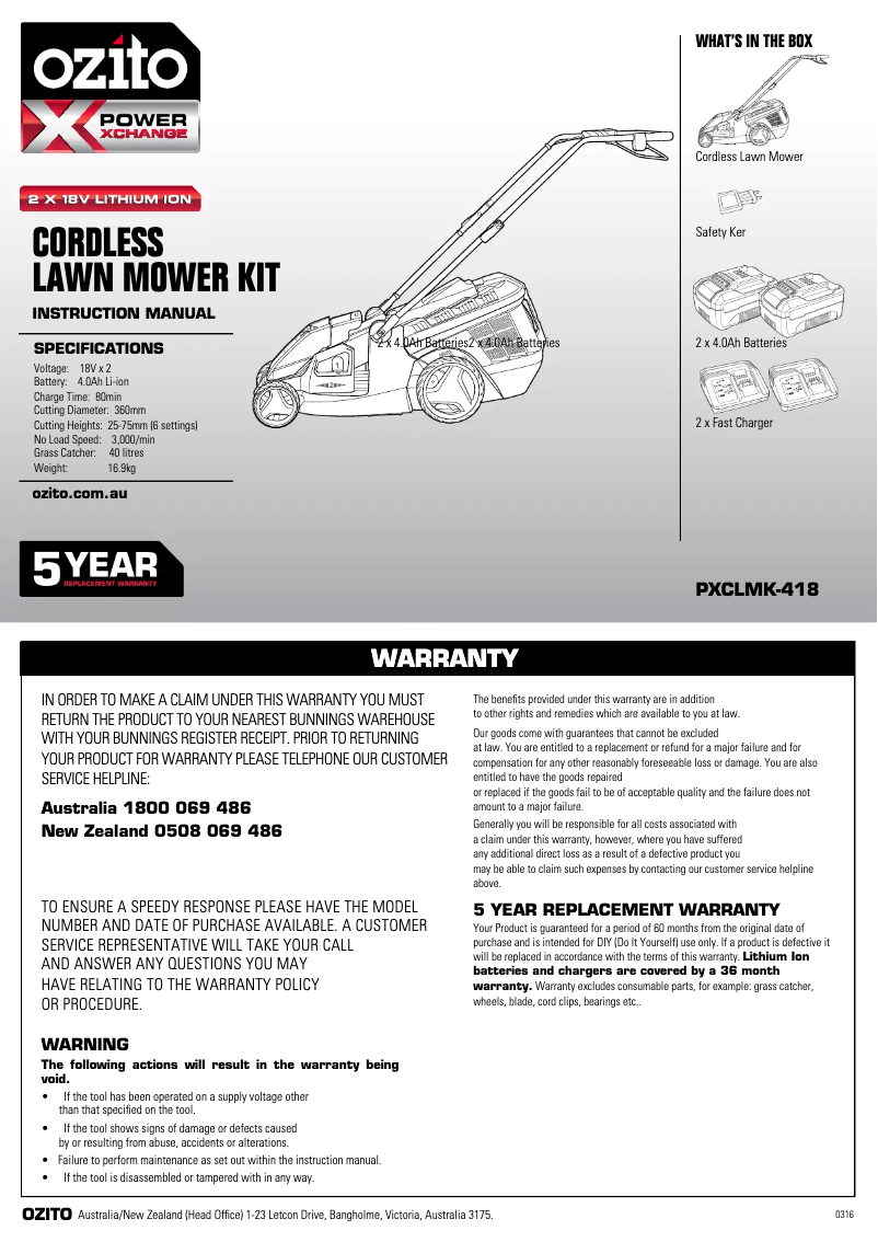 Page 1 de la notice Mode d'emploi Ozito PXCLMK-418