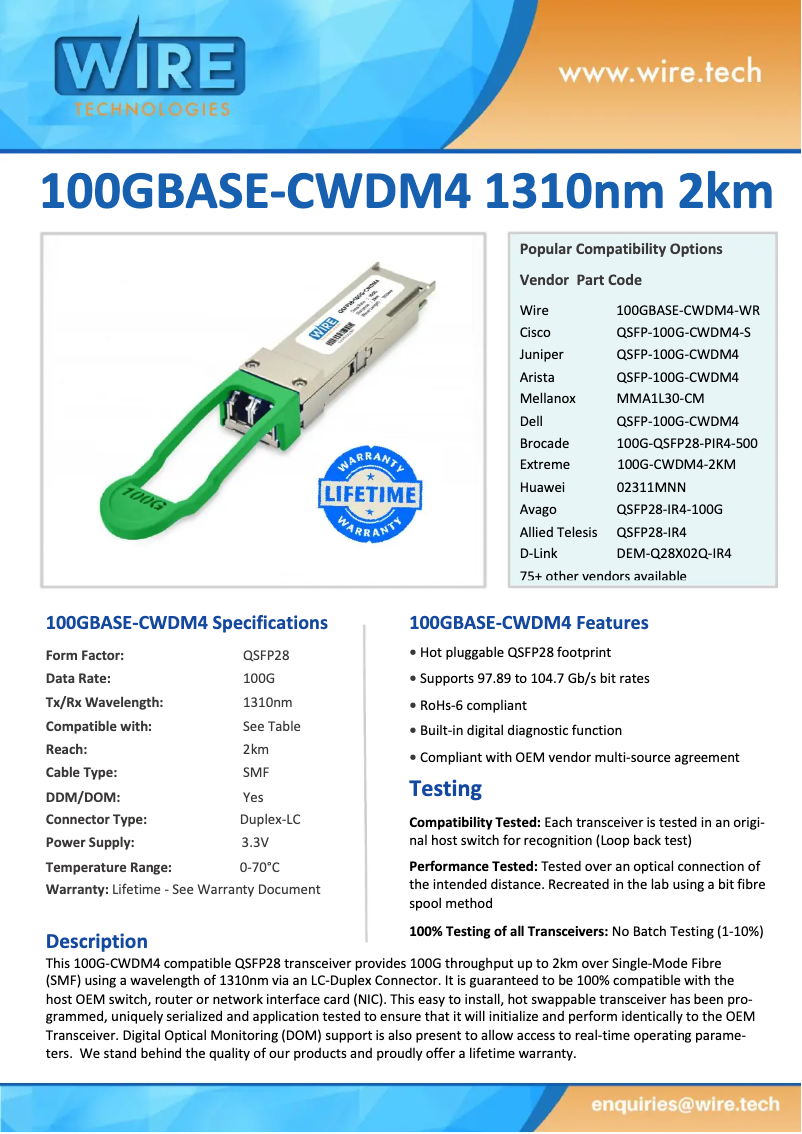 Page n°1 - Manuel utilisateur Wire Technologies 100GBASE-CWDM-WR