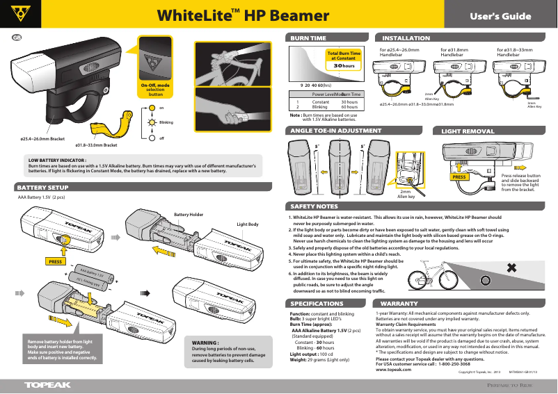 Page 1 de la notice Manuel utilisateur Topeak WhiteLite HP Beamer