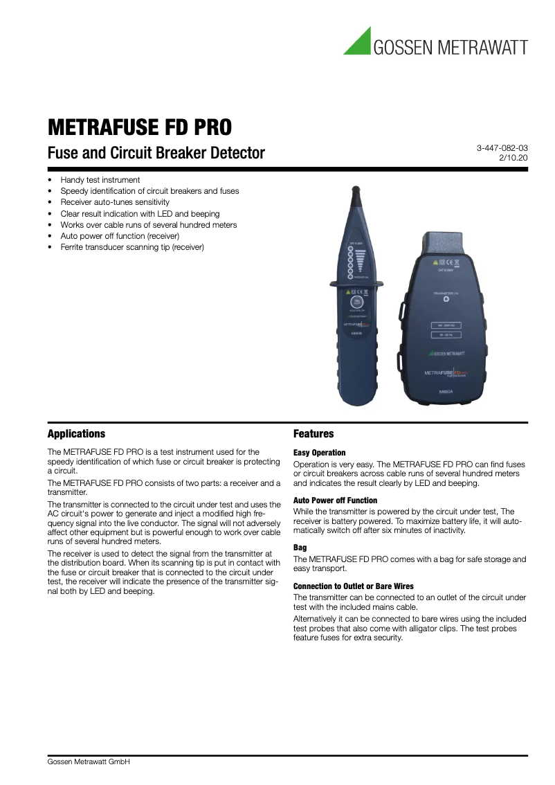 Page 1 de la notice Fiche technique Gossen Metrawatt METRAFUSE FD PRO