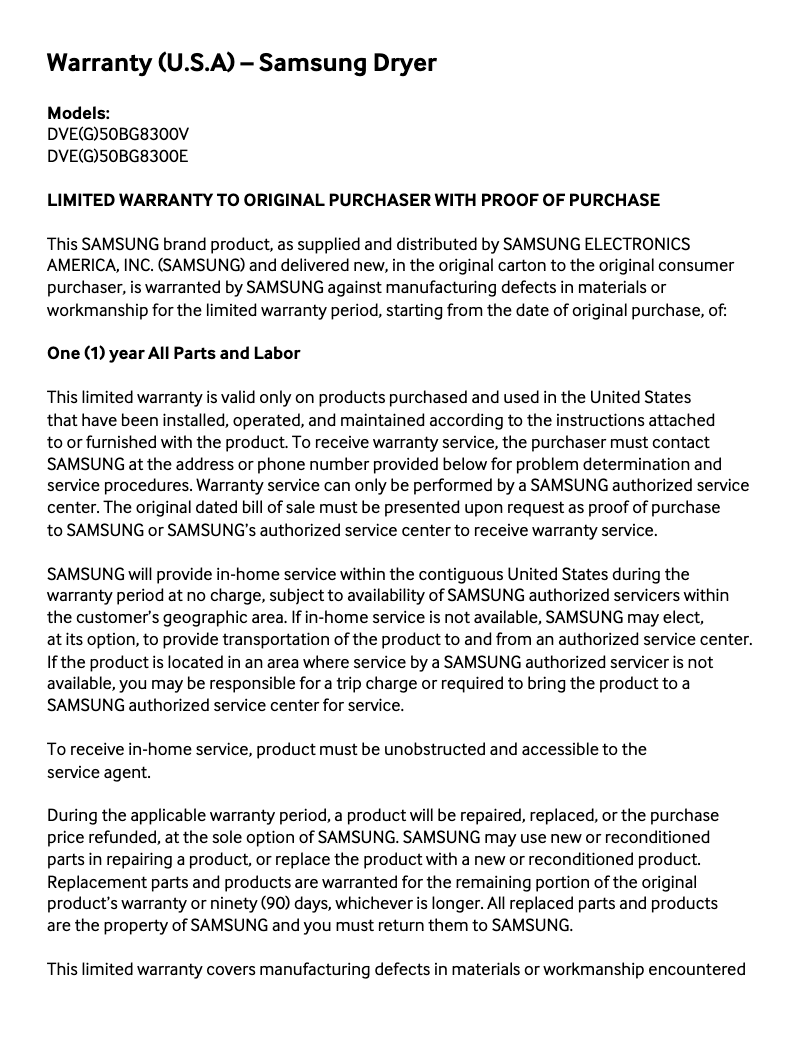 Page 1 de la notice Informations de garantie Samsung DVG50BG8300V