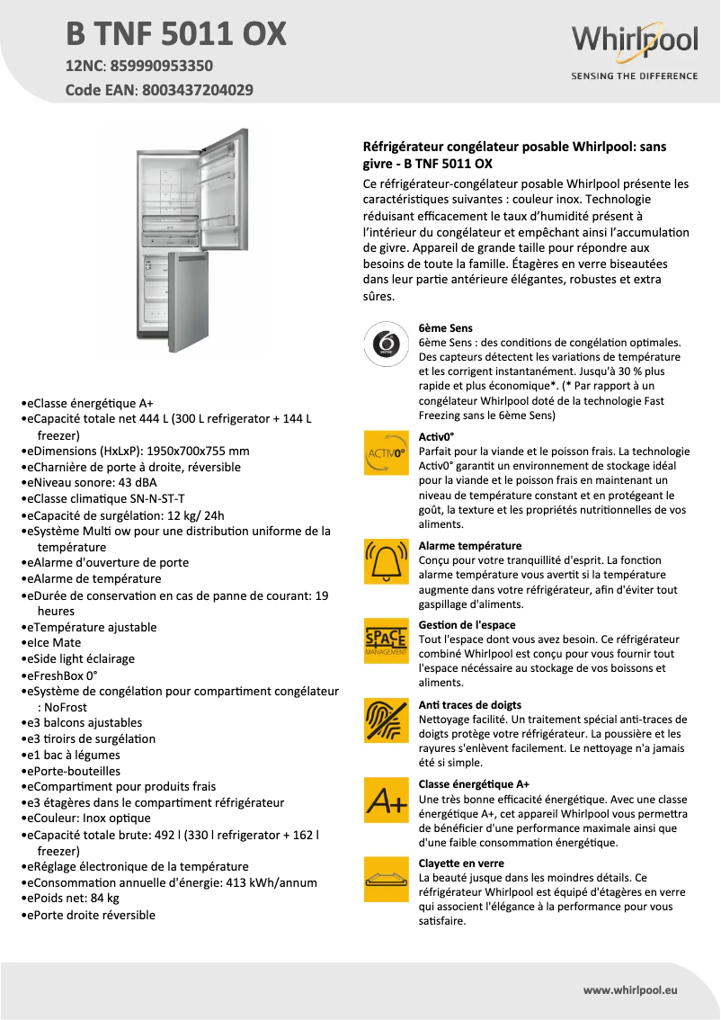 Página 1 del manual Ficha técnica Whirlpool B TNF 5011 OX