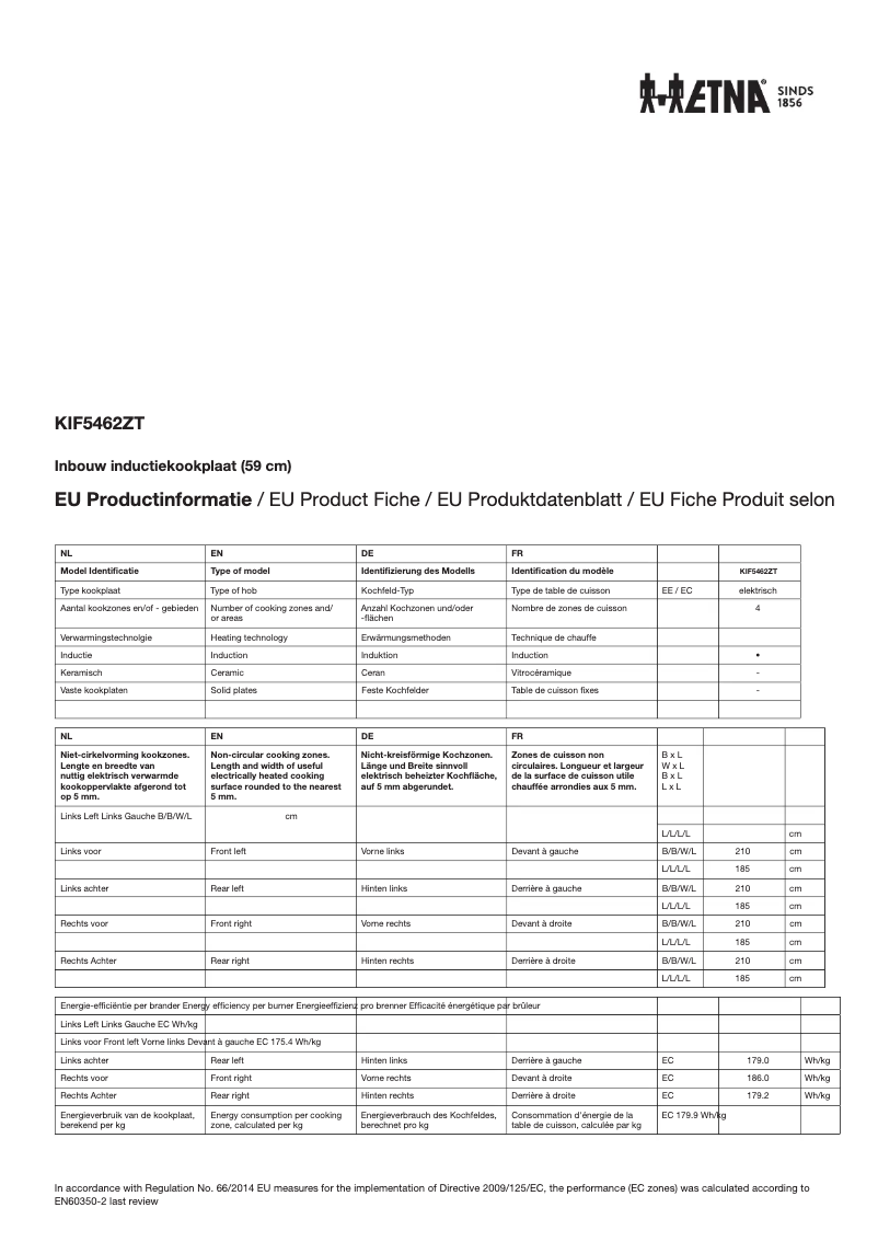 Page 1 de la notice Fiche technique Etna KIF5462ZT