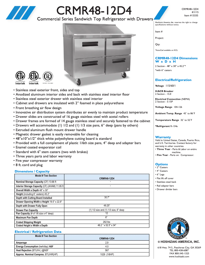Página 1 del manual Ficha técnica Hoshizaki CRMR48-12D4