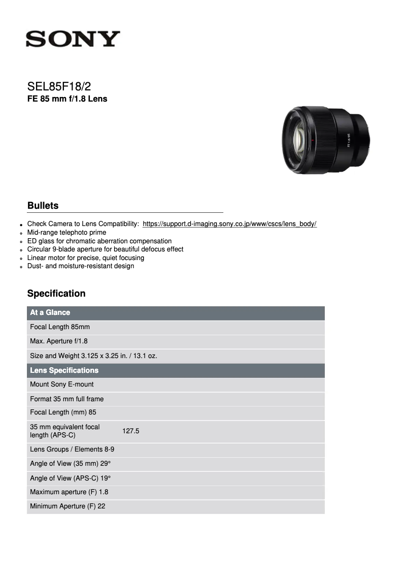 Image de la première page du manuel de l'appareil FE 85mm F1.8