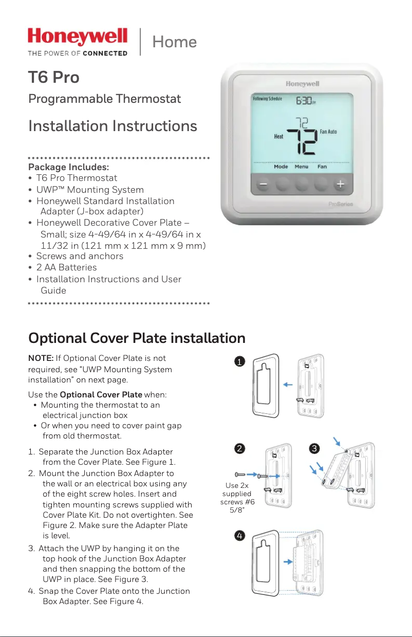 Page 1 de la notice Manuel utilisateur Honeywell TH6210U2001/U