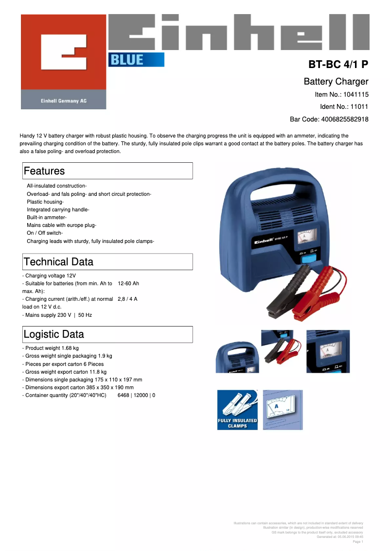 Page n°1 - Fiche technique Einhell BT-BC 4/1 P