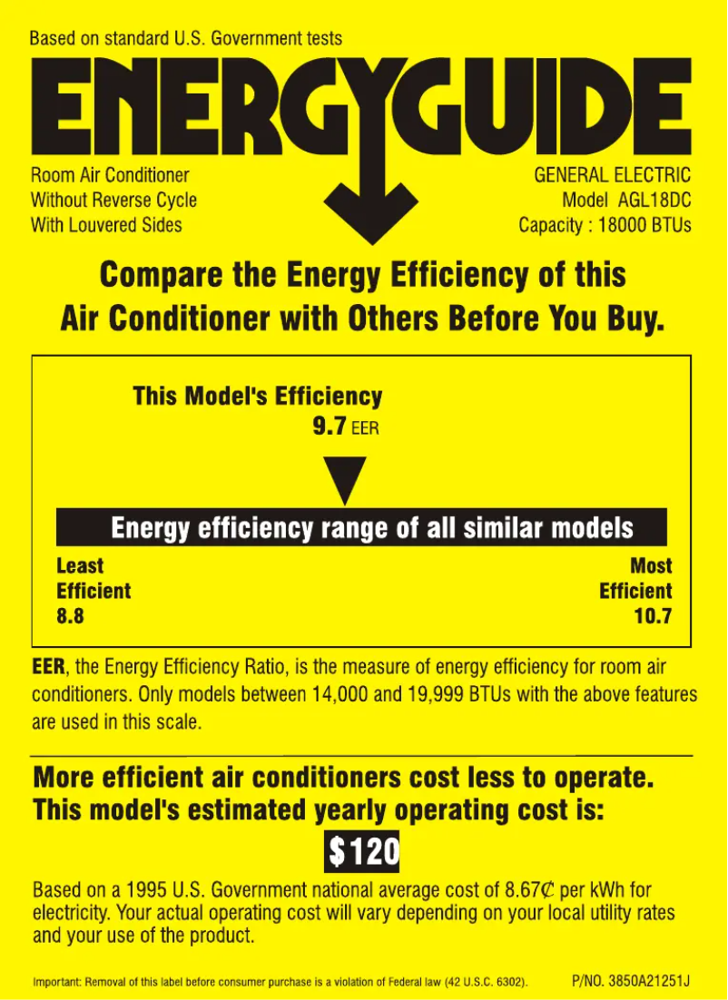 Page 1 de la notice Label énergétique GE AGL18DC