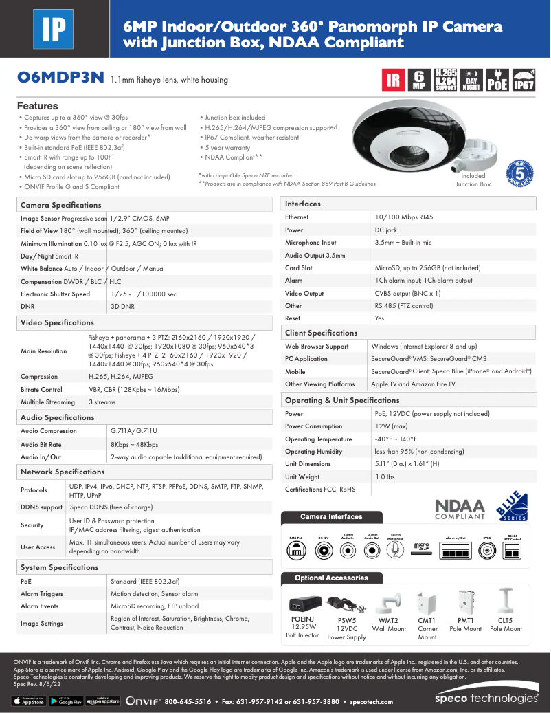 Page 1 de la notice Fiche technique Speco Technologies O6MDP3N