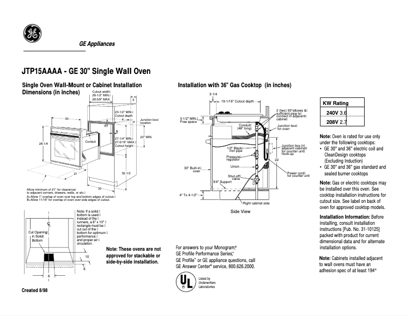 Page 1 de la notice Fiche technique GE JTP15AAAA