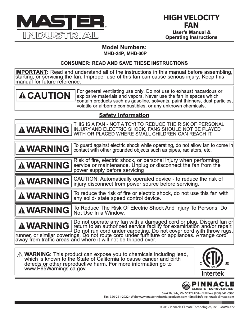 Page n°1 - Manuel utilisateur Master MHD-30P