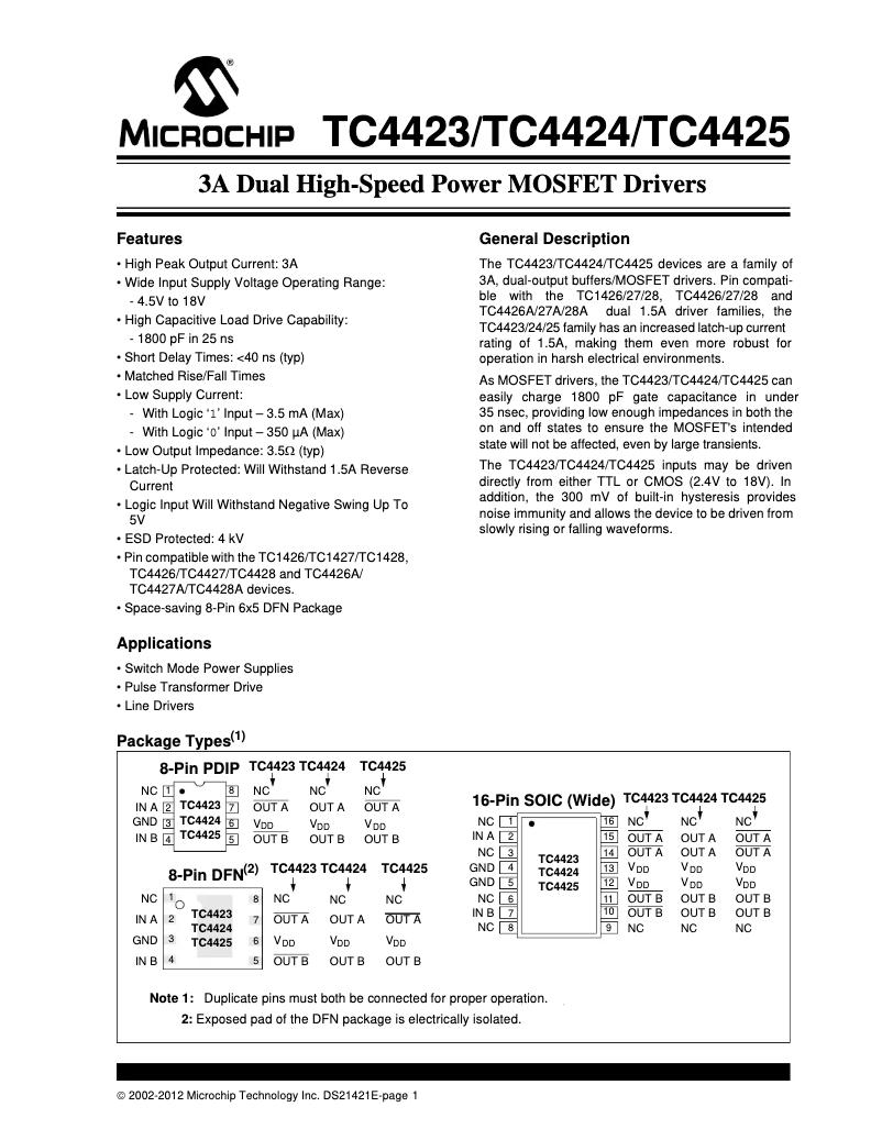 Page 1 de la notice Fiche technique Microchip TC4423