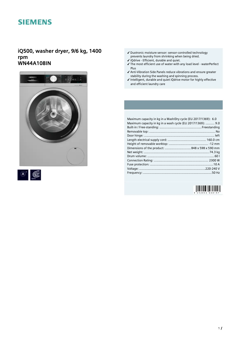 Page 1 de la notice Manuel utilisateur Siemens WN44A108IN
