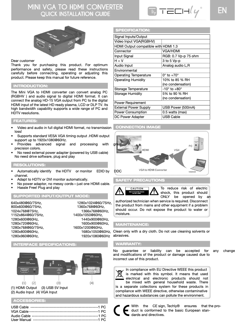 Page 1 de la notice Manuel utilisateur Techly IDATA VGA-HDMINI