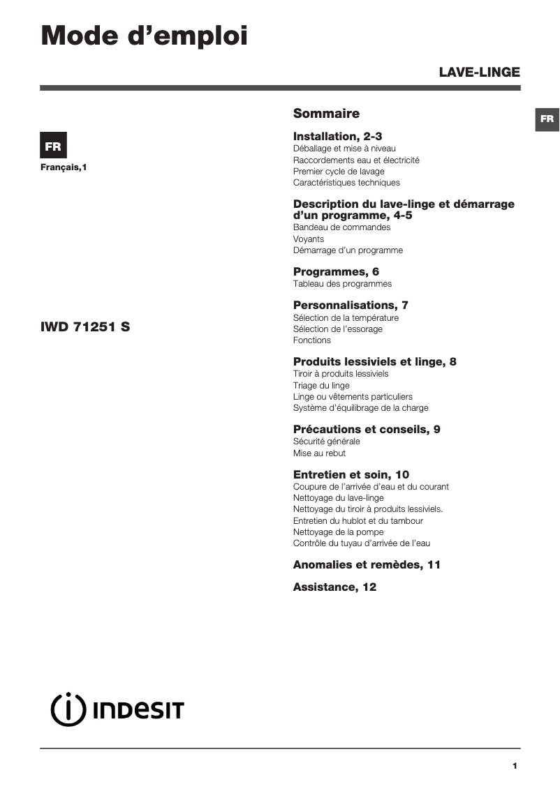 Page n°1 - Manuel utilisateur Indesit IWD 71251 S C (FR)