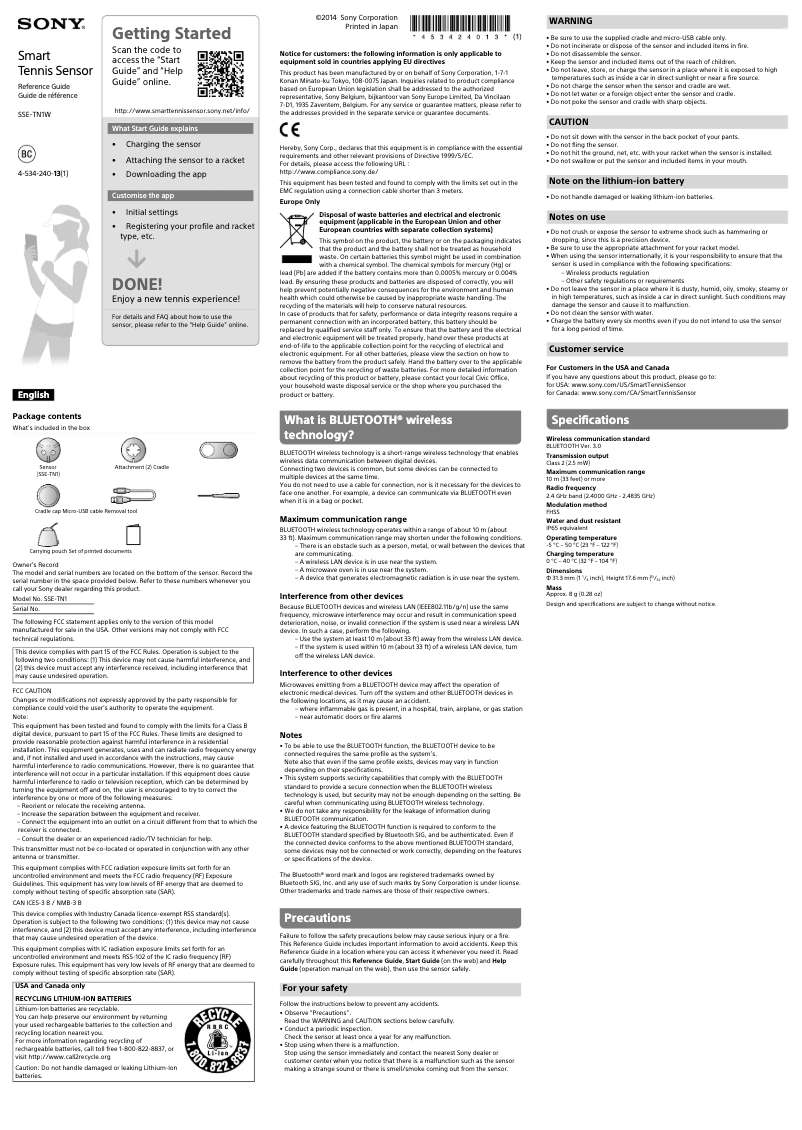 Page 1 de la notice Manuel utilisateur Sony SSE-TN1W