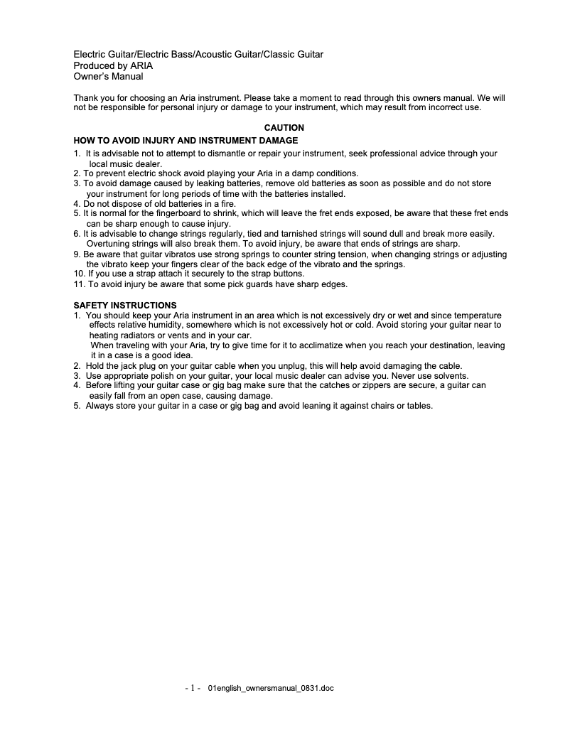 Page n°1 - Manuel utilisateur Aria STG-STV