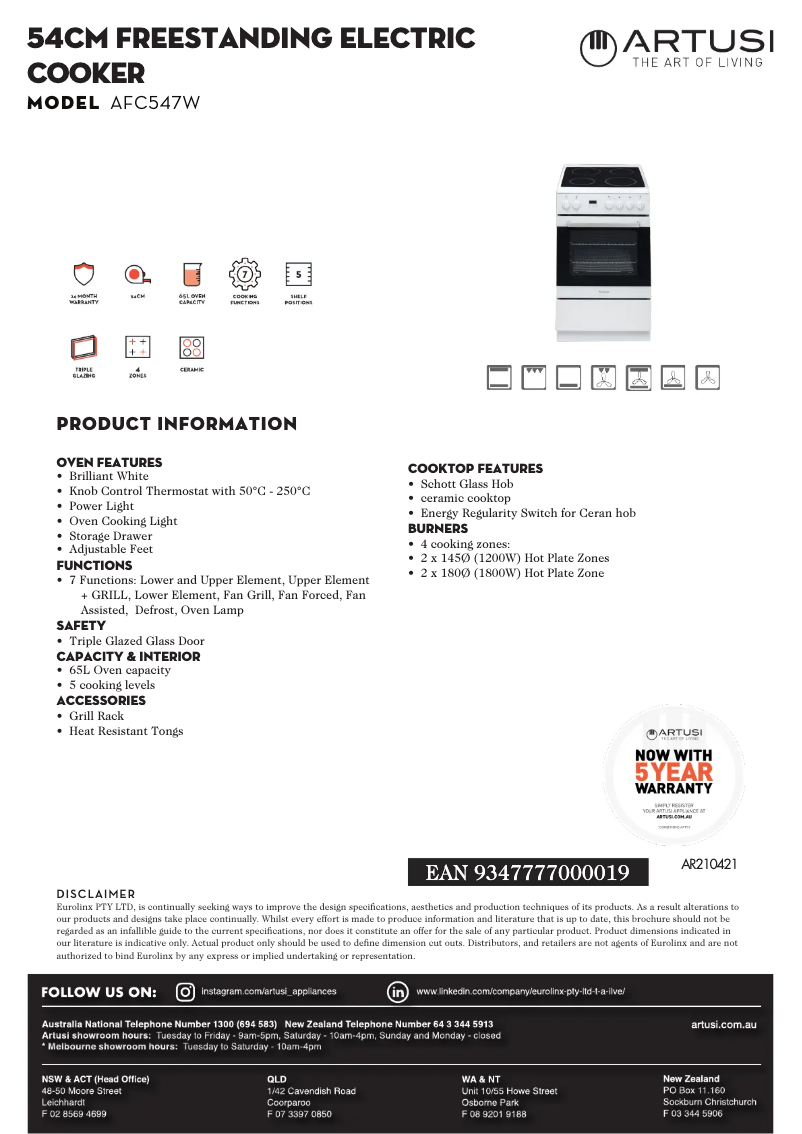 Page 1 de la notice Fiche technique Artusi AFC607W
