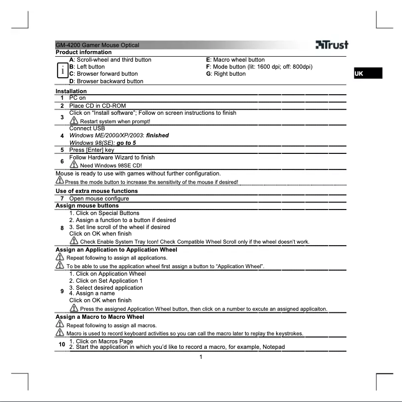 Page 1 de la notice Manuel utilisateur Trust GM-4200