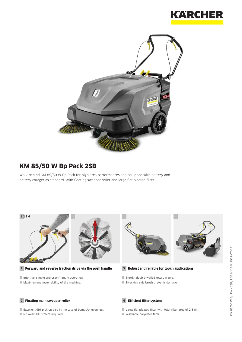 Page 1 de la notice Fiche technique Kärcher KM 85/50 W Bp Pack 2SB