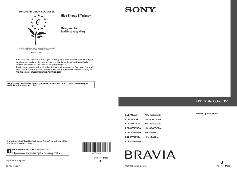 Page 1 de la notice Manuel utilisateur Sony Bravia KDL-32W5710